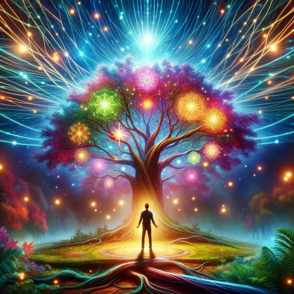 The image presents a majestic tree with vibrant, multicolored leaves and a luminous canopy against a night sky, with a figure standing before it, seemingly in awe. Radiant beams and scattered lights suggest a magical or otherworldly scene.