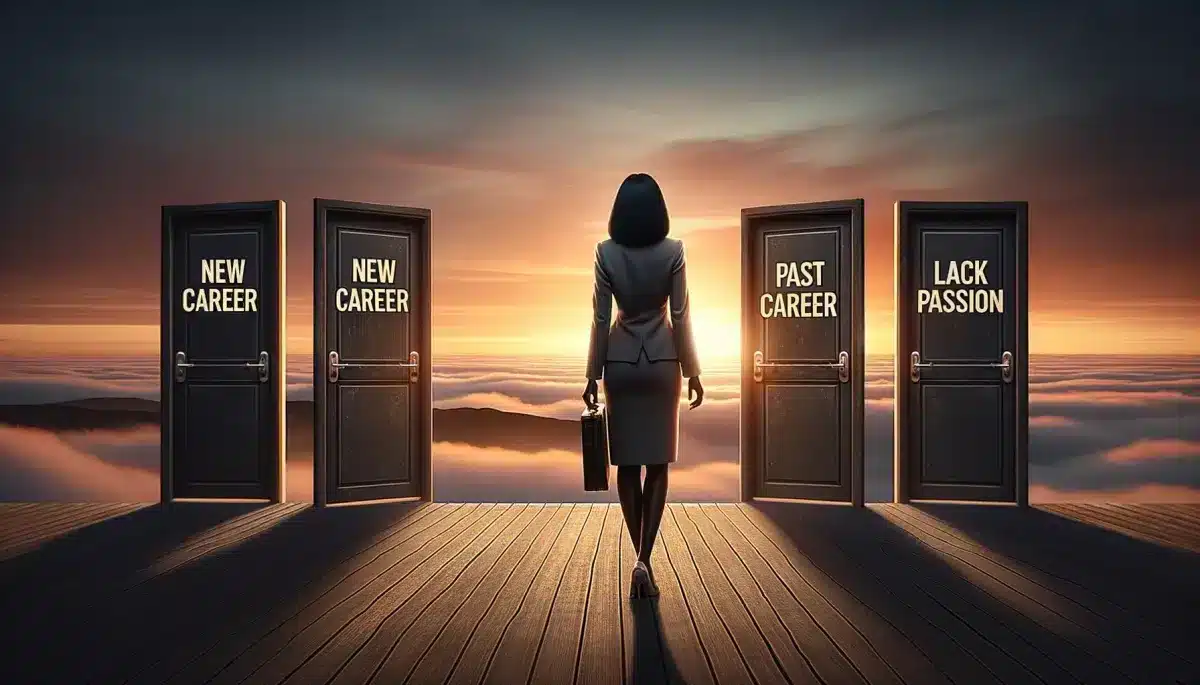 A woman deciding which door to pick.