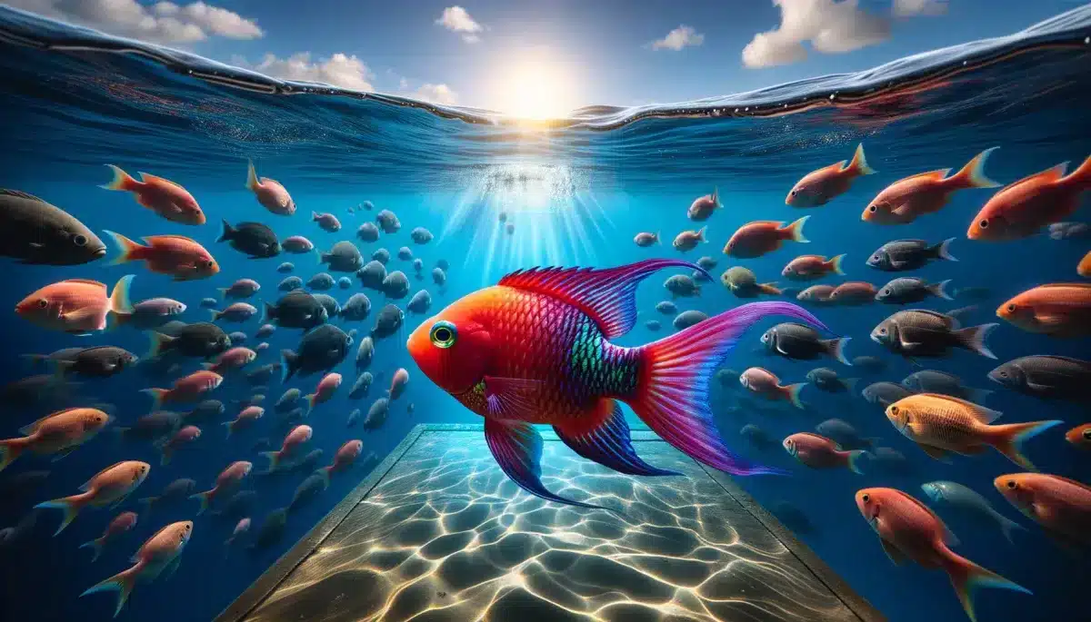 A large fish among smaller fish.