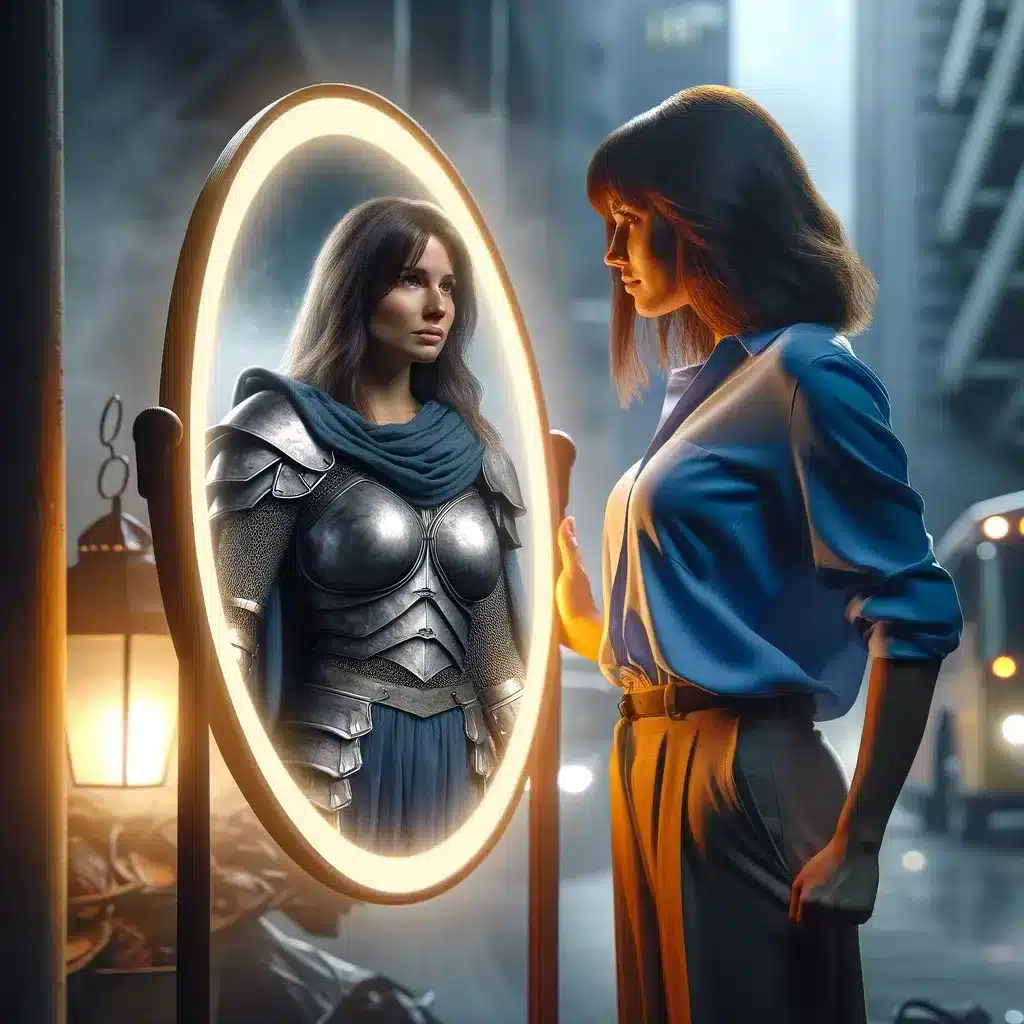 The image shows a modern-dressed woman and her reflection as a medieval armored warrior in a mirror, merging a contemporary urban background with a historical ambiance.