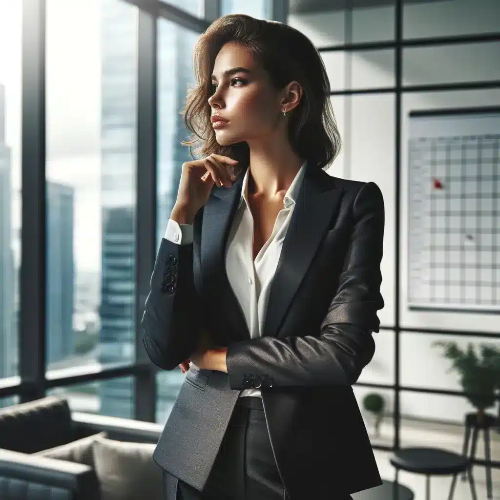 The image portrays a professional woman in a business suit, standing contemplatively by a window in a modern office setting, with buildings visible outside and an organized workspace in the background. Her pose is confident and reflective.